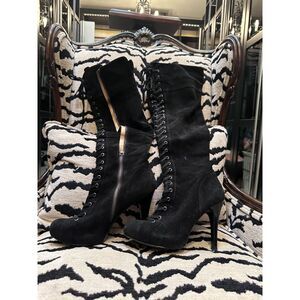 Vintage Nine West Black Suede Lace Up Over The Knee Boots Platform Stiletto 8M